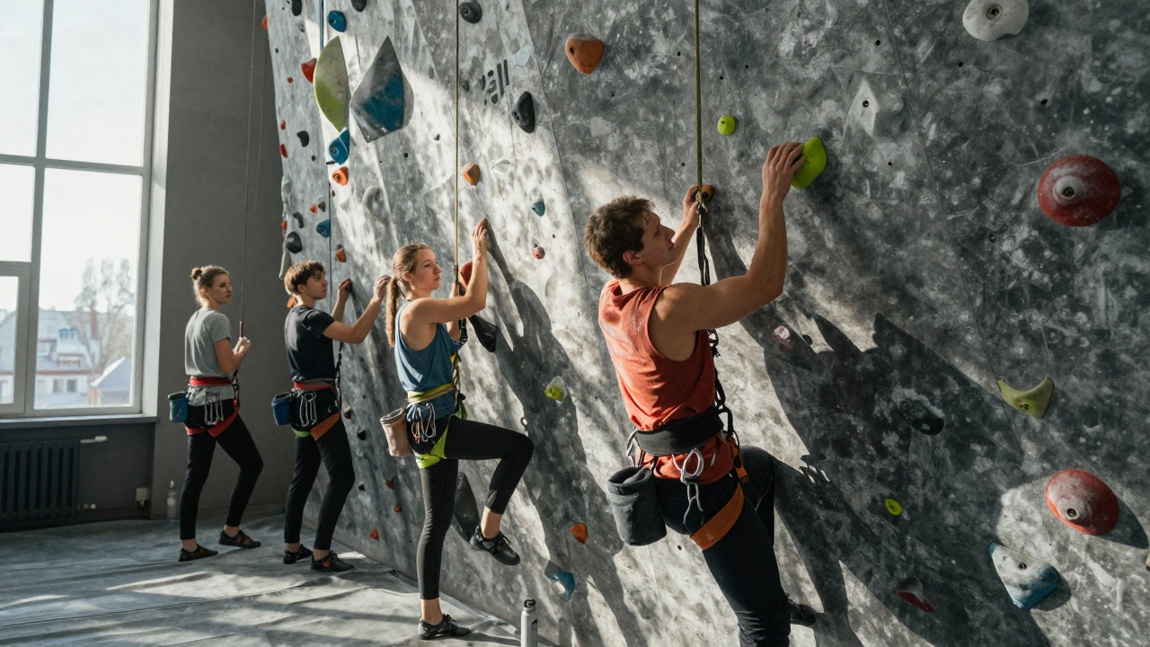 Люди лазают по скалодрому, один подстраховывает другого — доверие без слов.