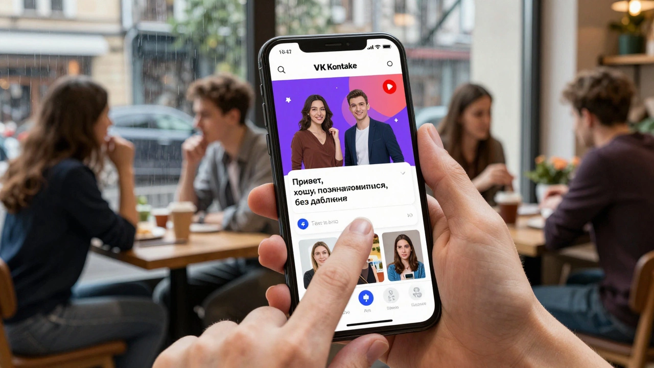 Молодой человек пишет сообщение в группу ВКонтакте 'Флирт без обязательств' в кафе с дождем за окном.