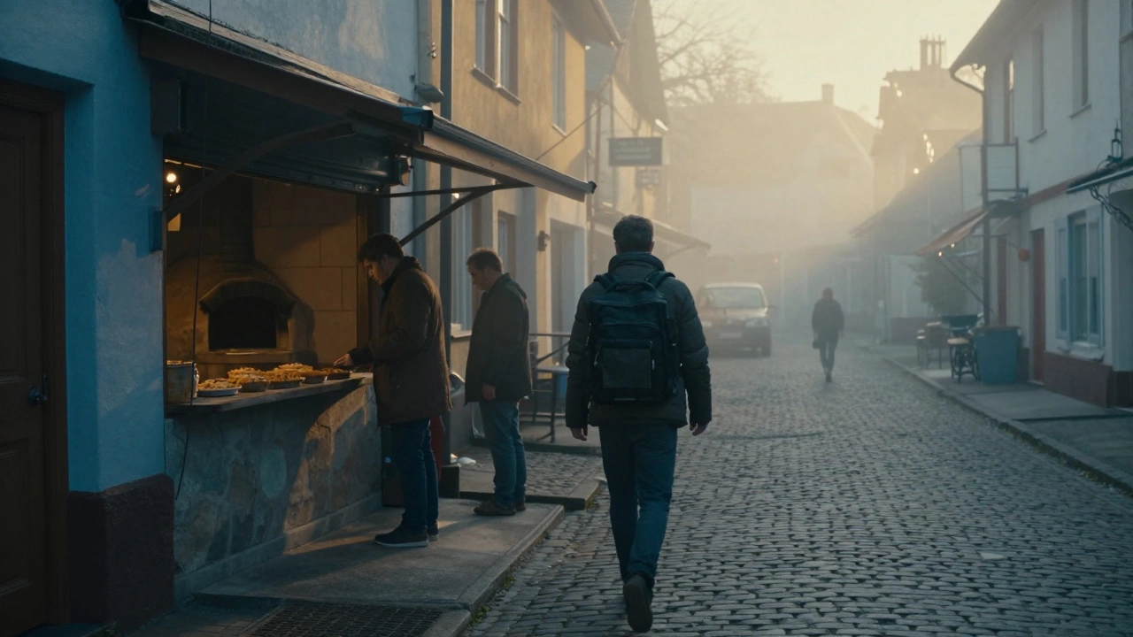 Мужчина гуляет по утренней улице незнакомого города, не используя телефон.