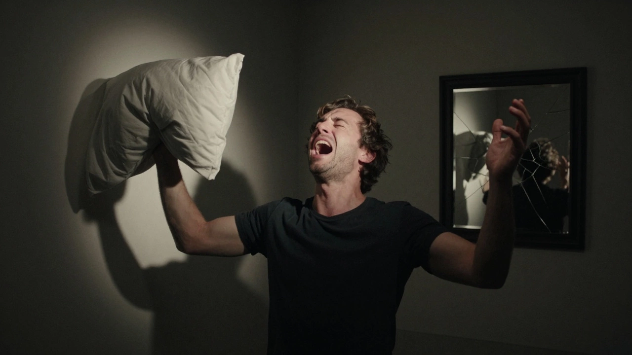 Мужчина кричит в подушку в темной комнате, свет выделяет его силуэт.