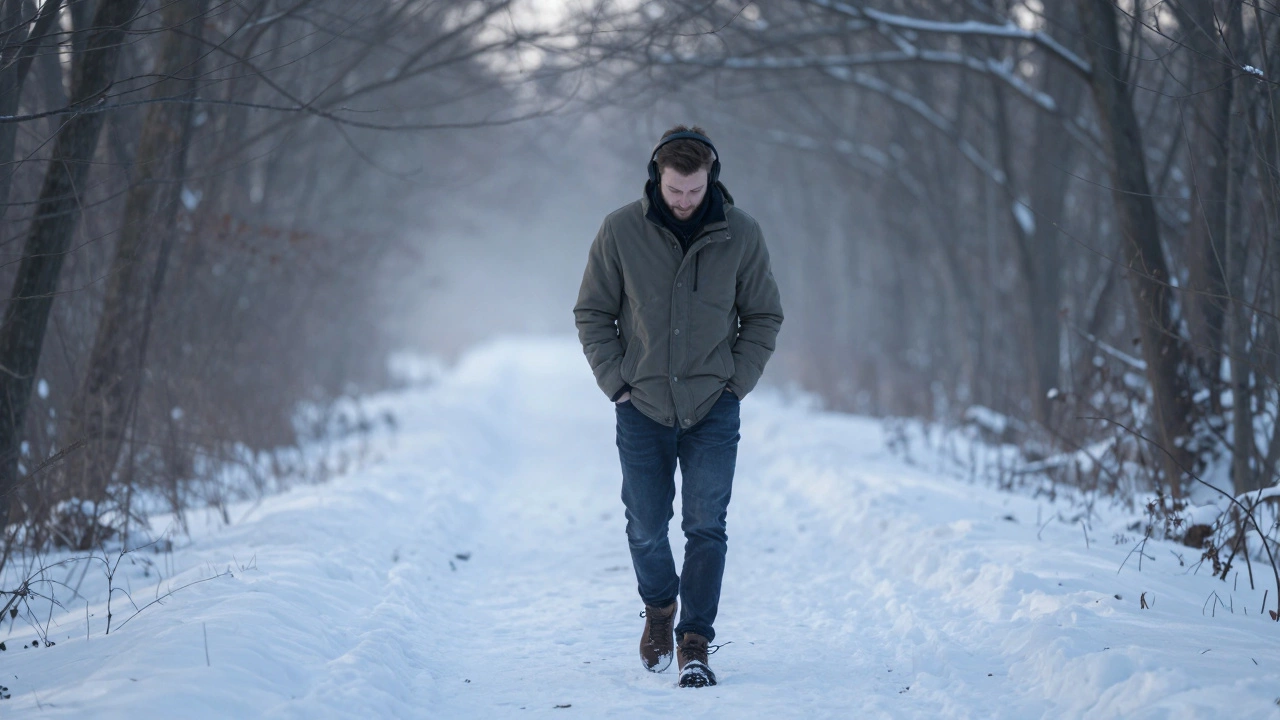 Мужчина медленно идет по заснеженной тропе на рассвете, без телефонов и наушников.