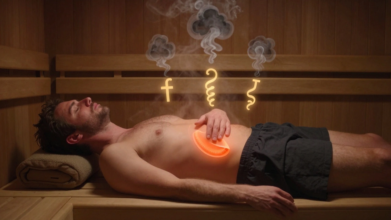 Мужчина в сауне с символическим изображением простаты и роста тестостерона.