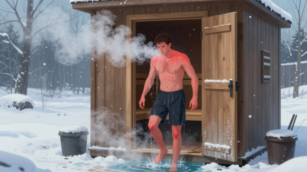 Мужчина выходит из сауны под ледяной душ в зимнем дворе, снег падает вокруг.