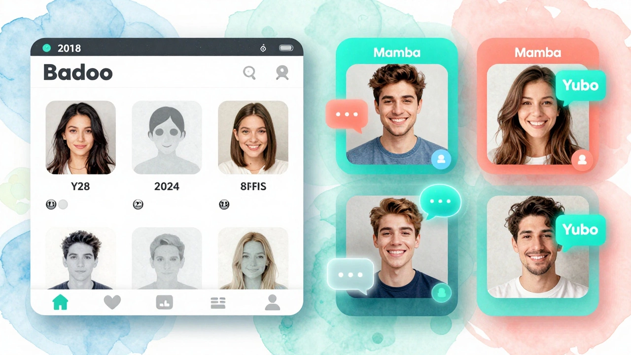 Сравнение устаревшего Badoo с современными приложениями для знакомств: слева — мертвые профили, справа — живые чаты и видео.