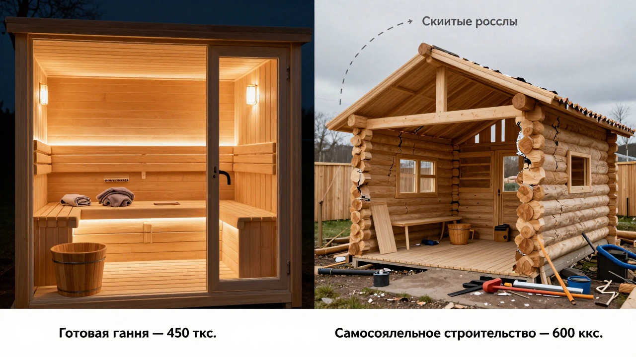 Сравнение: уютная готовая баня слева и хаотичный самодельный сруб справа.