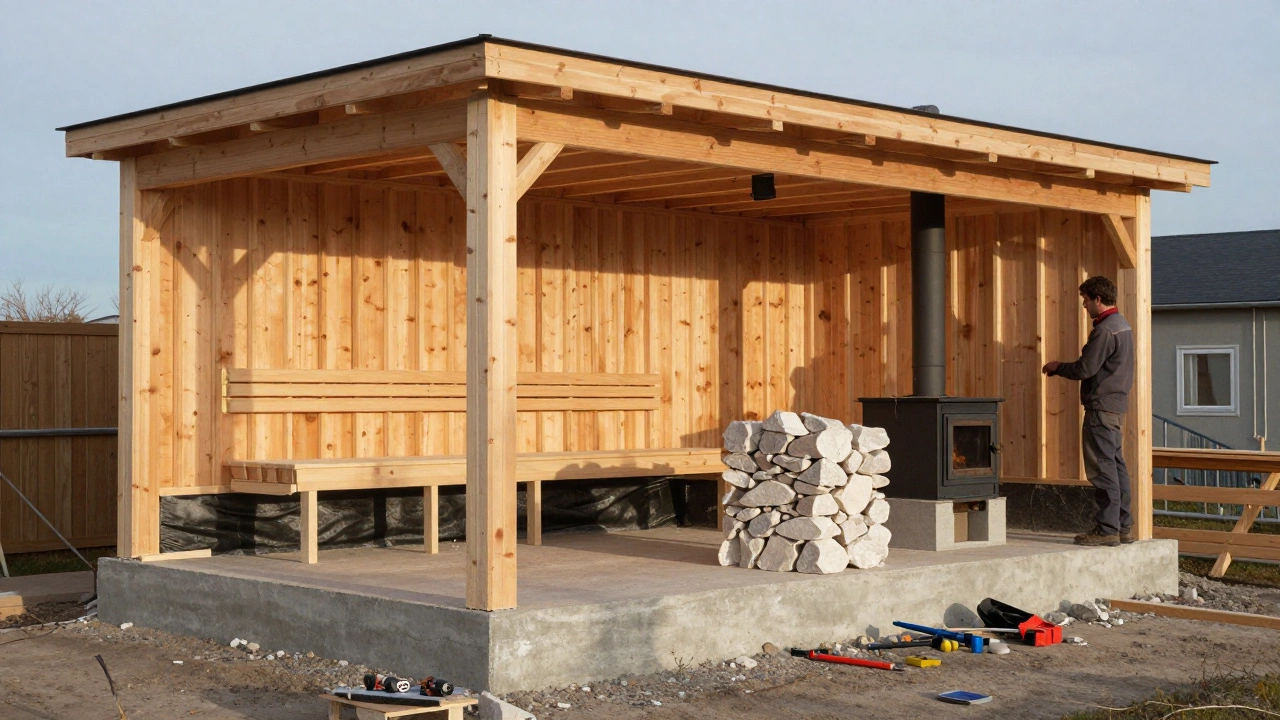 Строительство сауны: рабочие устанавливают пароизоляцию и вагонку, виден фундамент и вентиляционный канал.