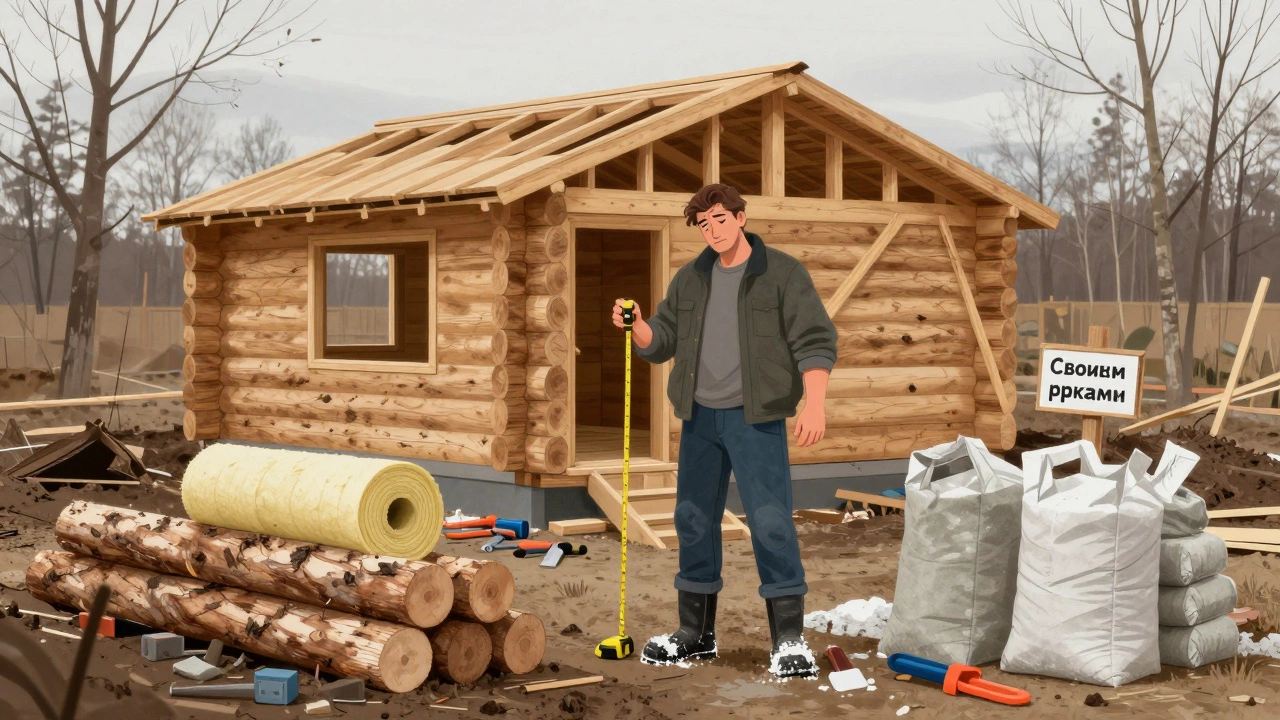Строитель в грязи с кучей материалов и незавершённым срубом бани.