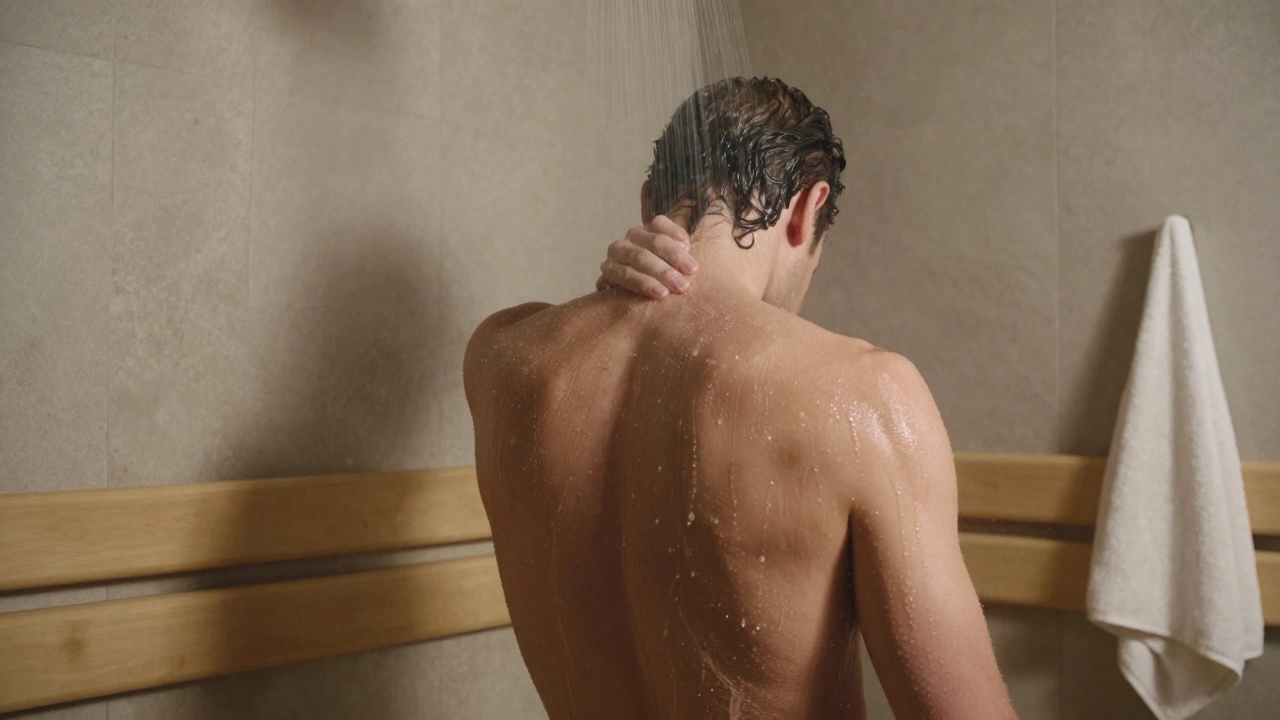 Человек принимает тёплый душ после сауны, вода мягко стекает по спине, атмосфера спокойствия.
