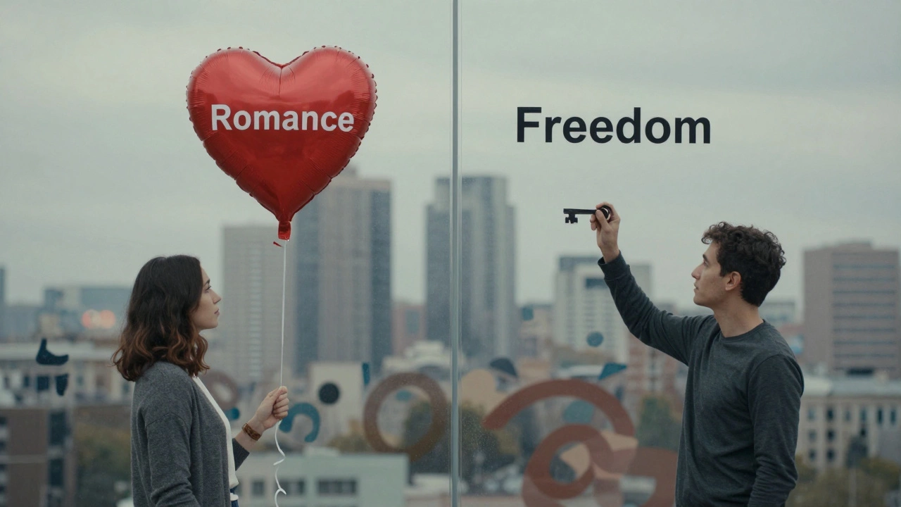 Два человека стоят по разные стороны стеклянной стены — один с сердцем, другой с ключом.