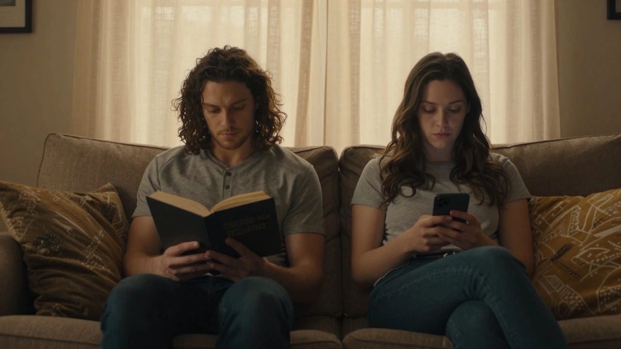 Двое людей сидят вместе на диване в тихой атмосфере, не прикасаясь друг к другу.