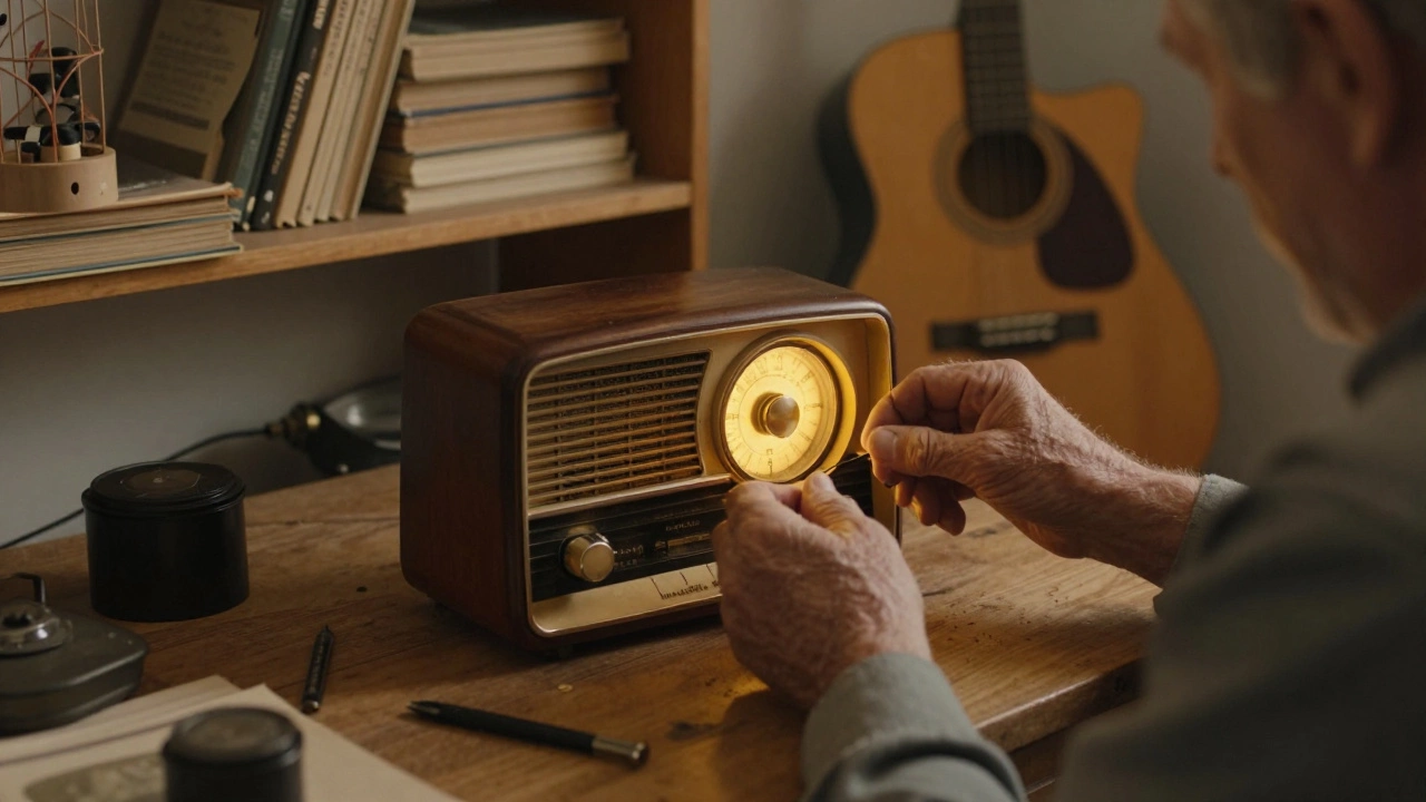 Мужчина чинит старый радиоприёмник на деревянной верстаке, вокруг инструменты и полупостроенная кормушка.