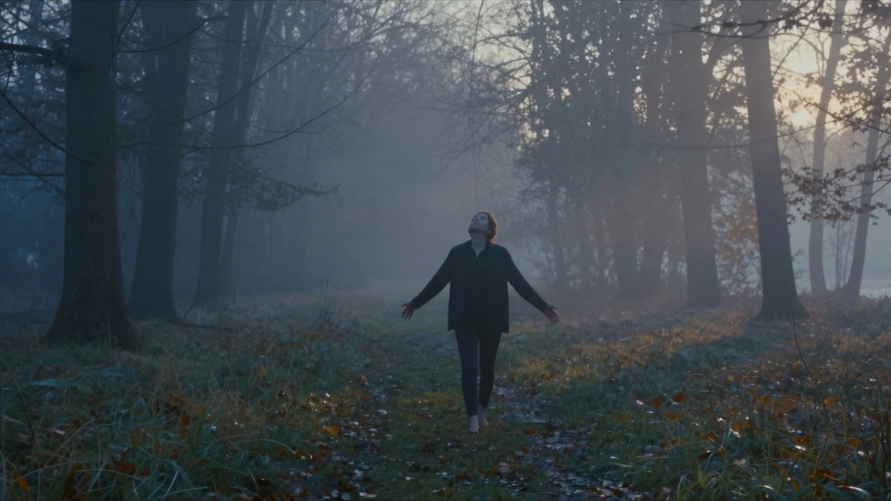 Мужчина идёт босиком по мокрой траве на рассвете в пустом лесу, туман поднимается вокруг.