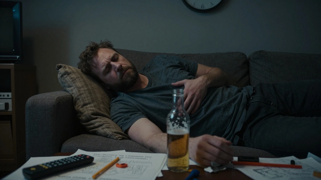 Мужчина на диване с пивом, глаза закрыты, но лицо напряжено — отдых не приходит.