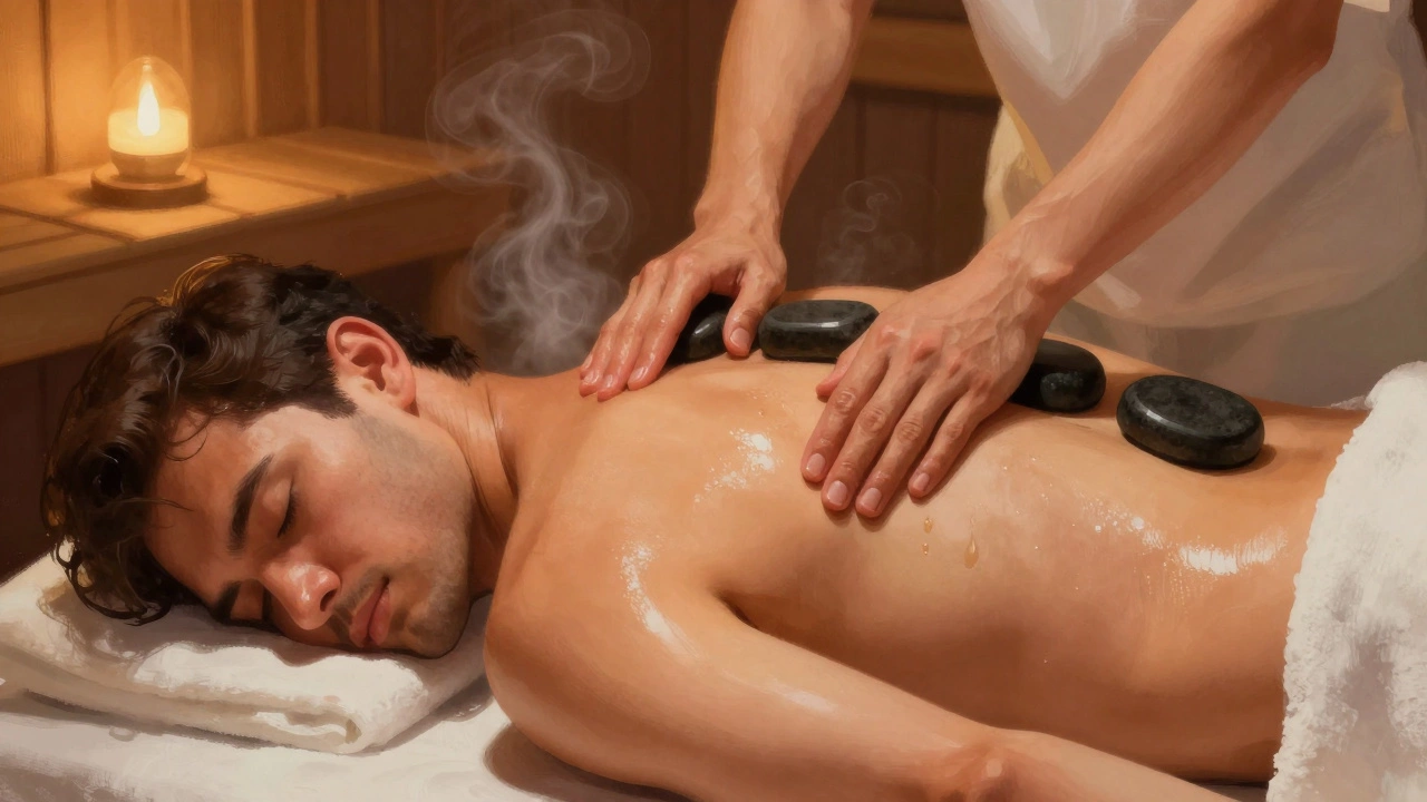 Мужчина получает мягкий массаж нагретыми базальтовыми камнями на спине и бедрах, пар и тепло окружают сцену.