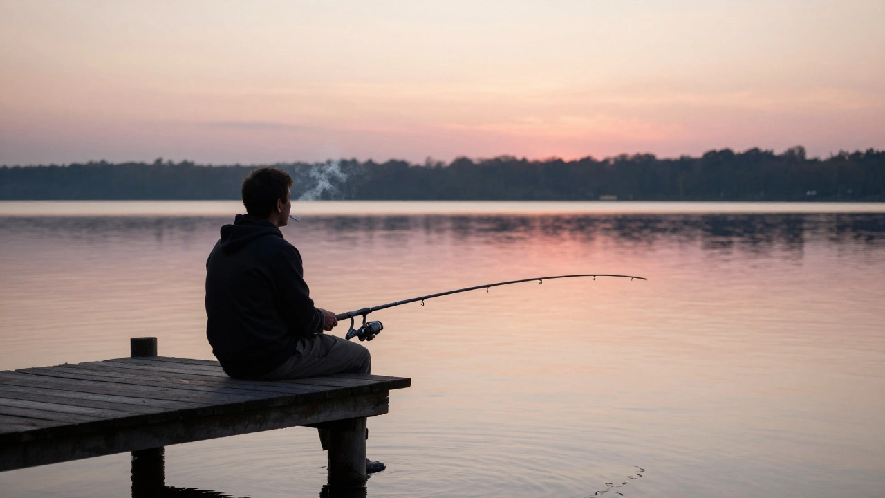 Мужчина с удочкой на берегу озера на рассвете, тишина и спокойствие.