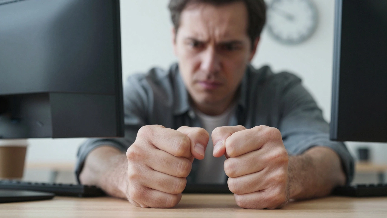 Мужчина сжимает кулаки под столом на работе, скрывая напряжение от окружающих.