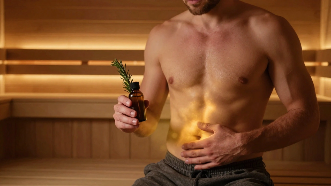 Мужчина у порога сауны, держит масло жожоба с розмарином, за ним — тепло сауны, перед ним — мягкий золотой свет, символизирующий естественное возбуждение.