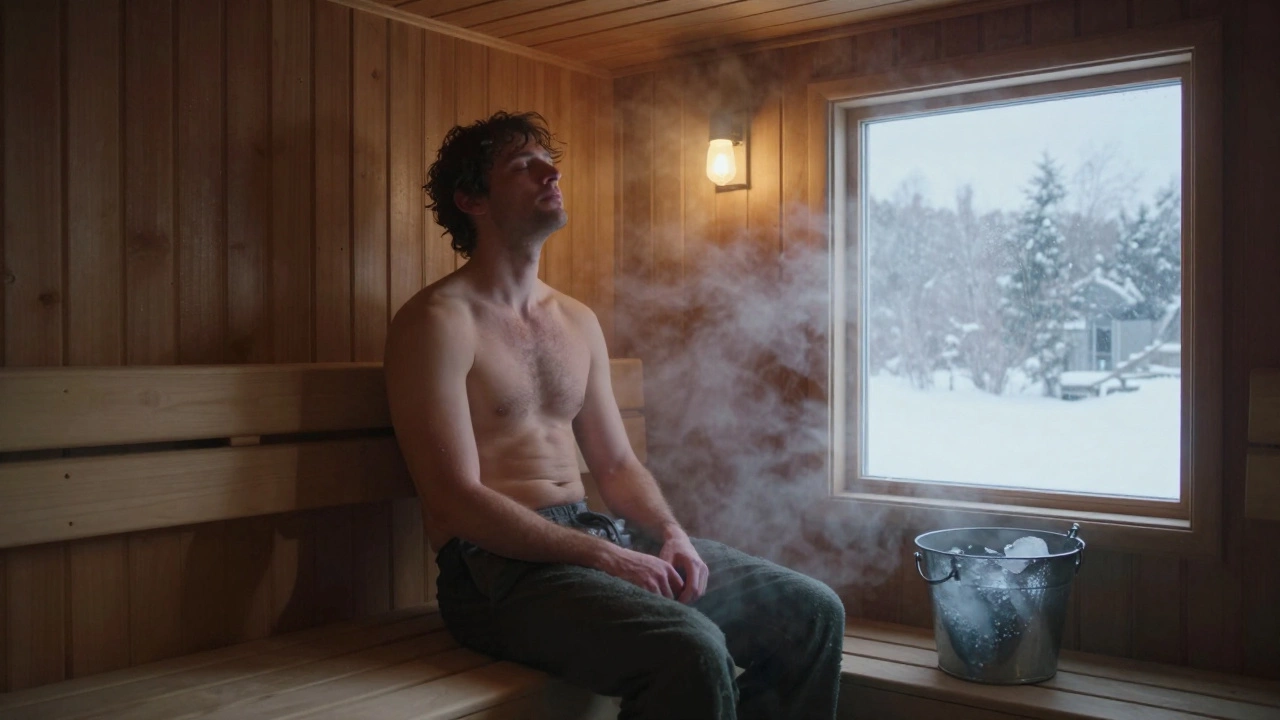 Мужчина в деревянной сауне, пар поднимается вокруг него, за окном — зимний пейзаж.
