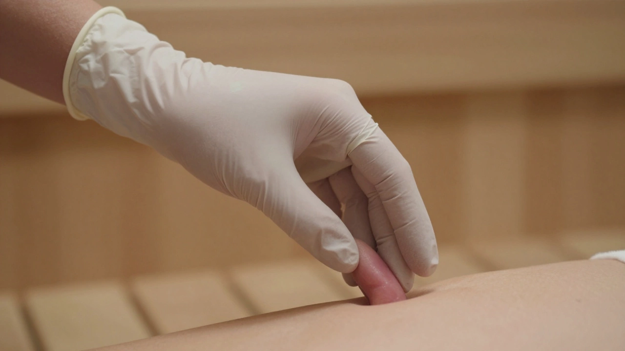 Рука в стерильной перчатке осторожно вводит палец, демонстрируя точный и мягкий подход.