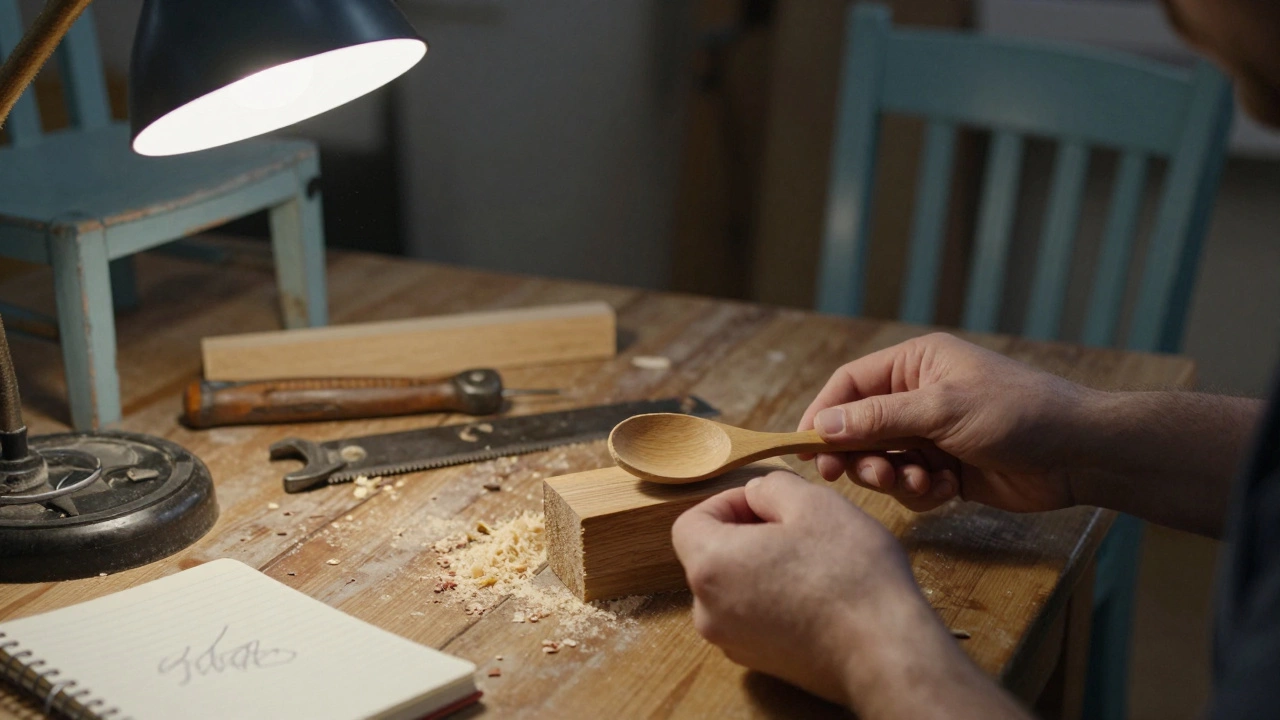Руки мужчины делают деревянную ложку, вокруг — стружка и инструменты на столе.