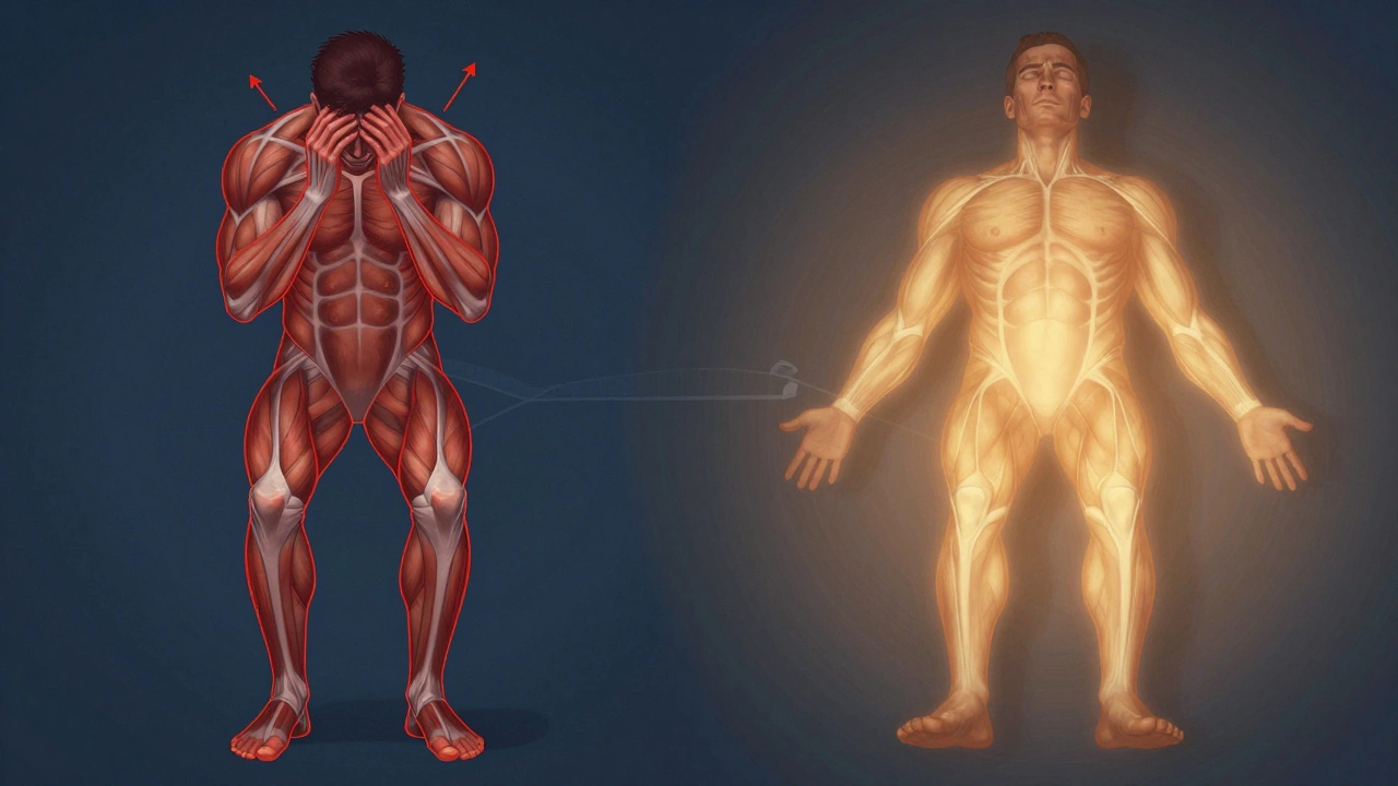 Сравнение напряженного и расслабленного состояния тела мужчины, символизирующее эффект нервно-мышечной релаксации.