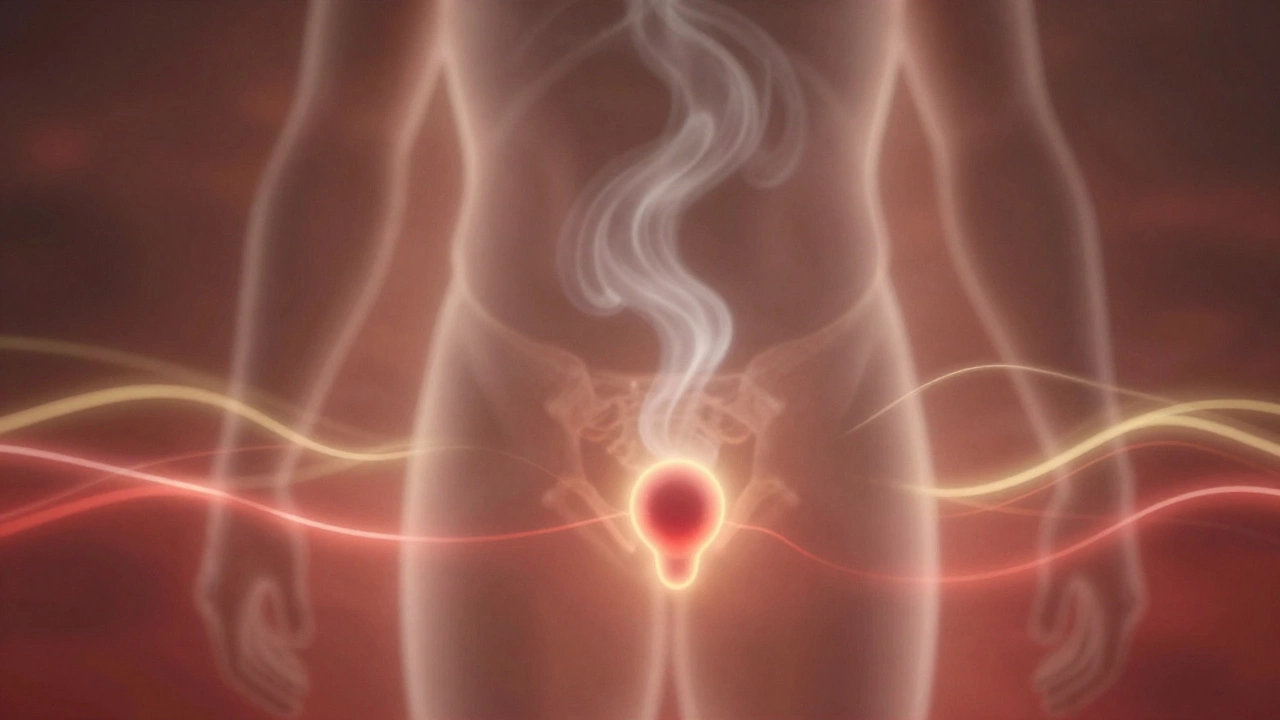 Теплый силуэт мужчины в пару с едва заметным свечением, обозначающим простату и улучшенный кровоток.