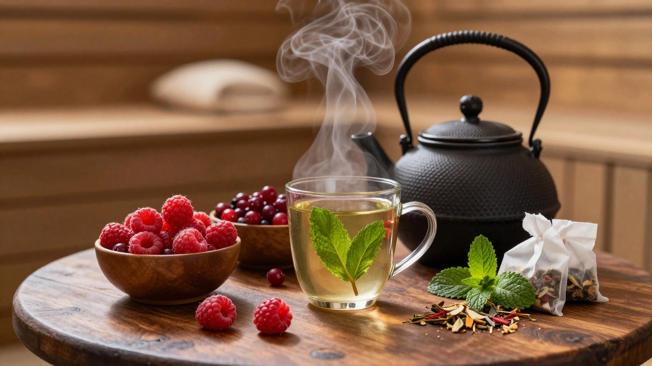 Чайный стол с ягодами и травами после посещения сауны для релаксации
