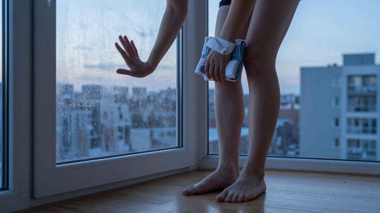 Человек прижимает ладонь к холодному окну, на запястье — ледяной пакет в полотенце.