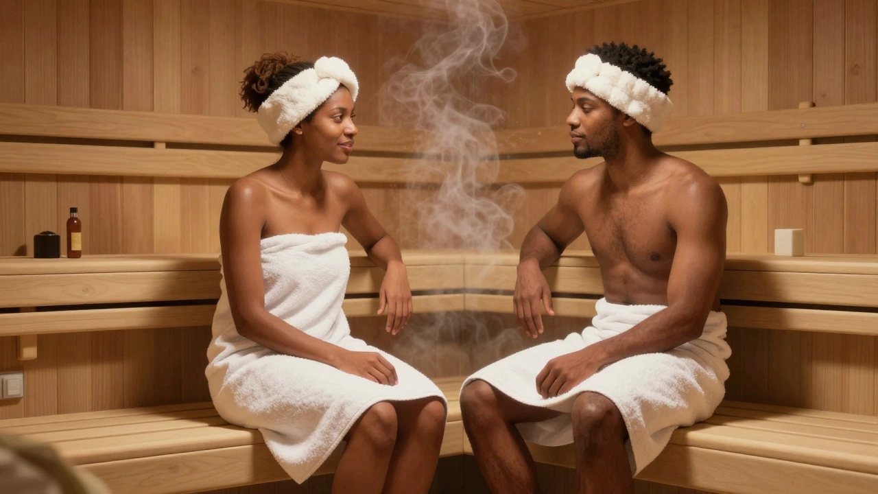 Друзья в банном отделении с полотенцами и шапочками для гигиены