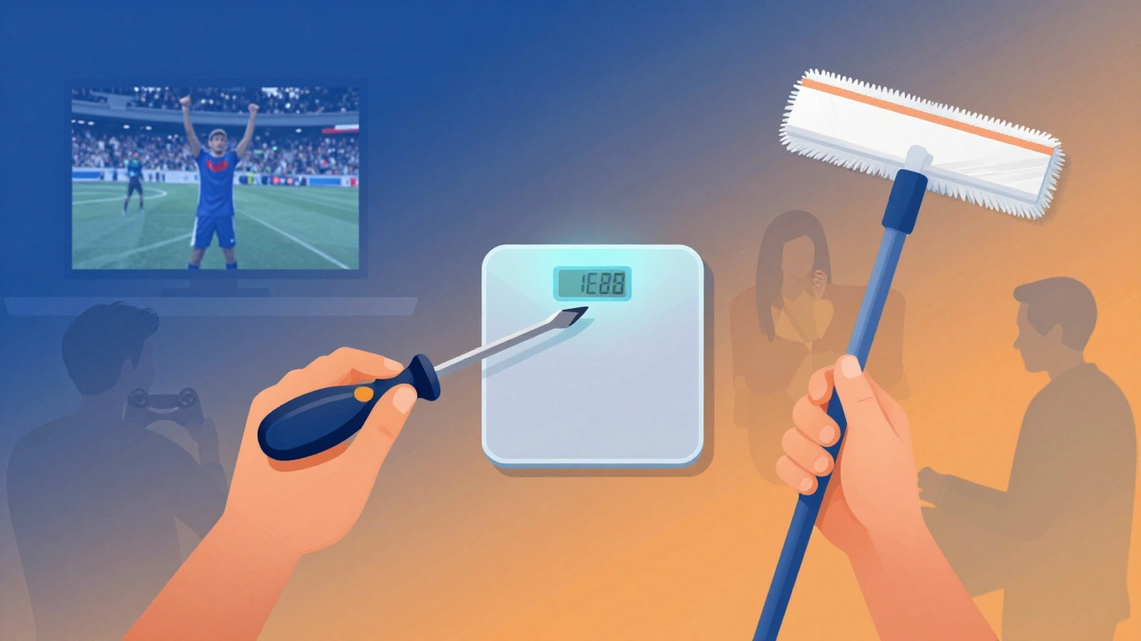 Две руки — одна с отверткой, другая с шваброй — на фоне теней мужчин, занятых досугом.