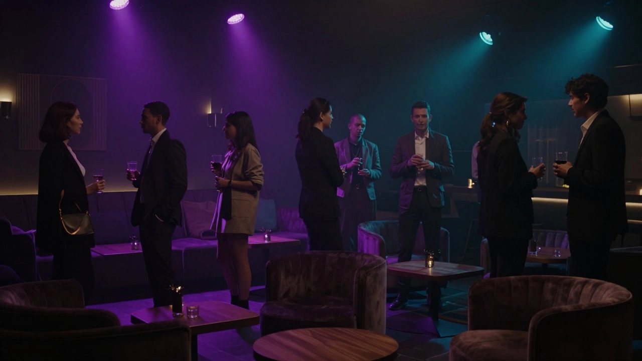 Люди стоят группами в модном баре с тусклым фиолетовым светом