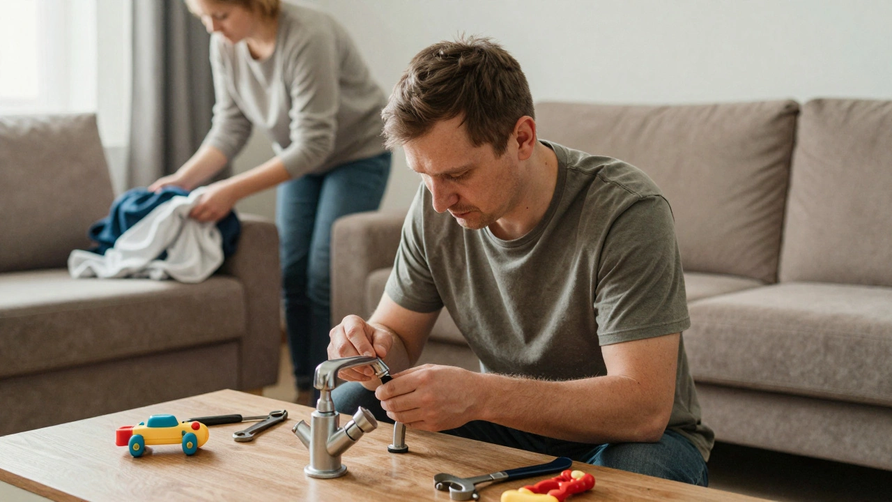 Мужчина чинит кран в ванной, рядом лежит детская игрушка, женщина складывает белье.