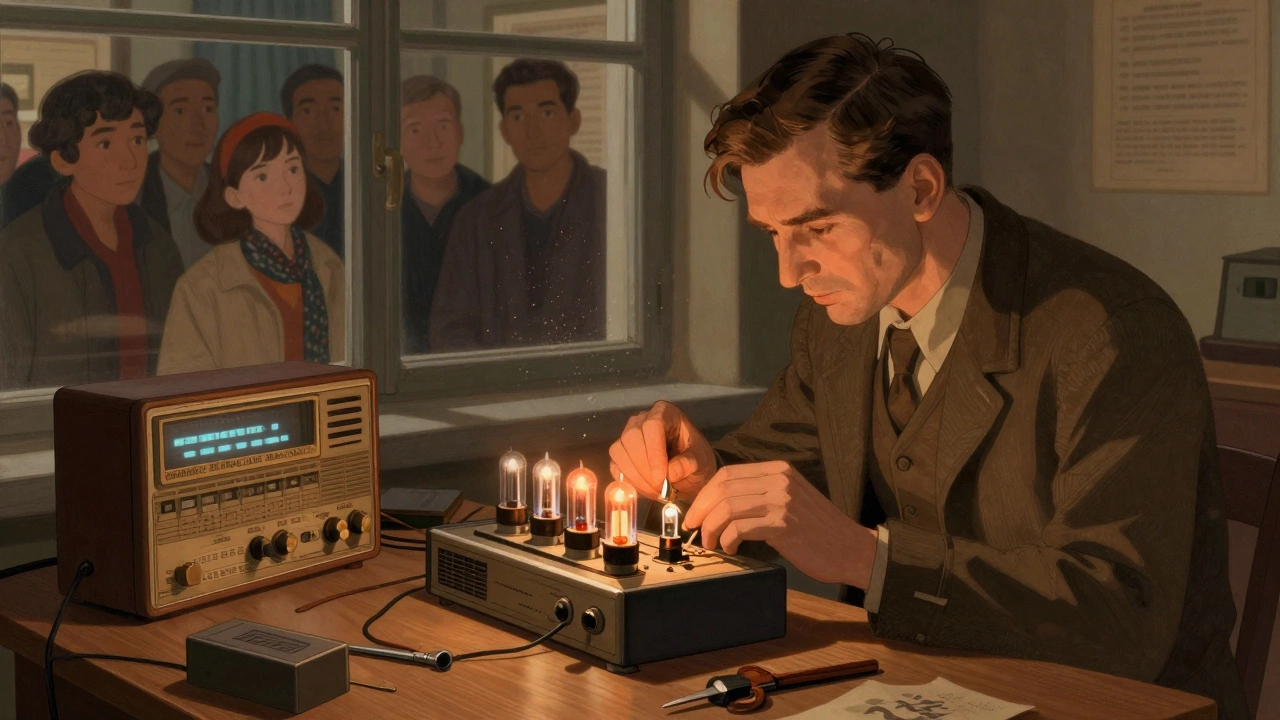 Мужчина чинит советский радиоприемник, вокруг — любопытные зрители в музее.