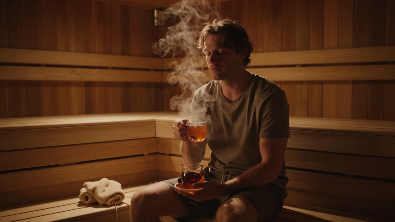 Мужчина отдыхает в сауне, пьет травяной чай, полностью расслаблен и в тишине.