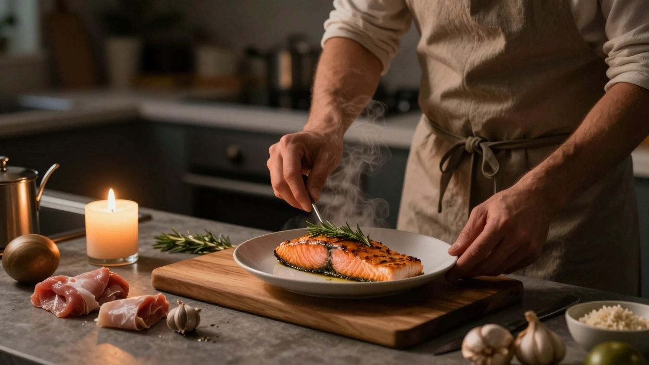 Мужчина подает запеченного лосося на кухне, свеча горит на столе.