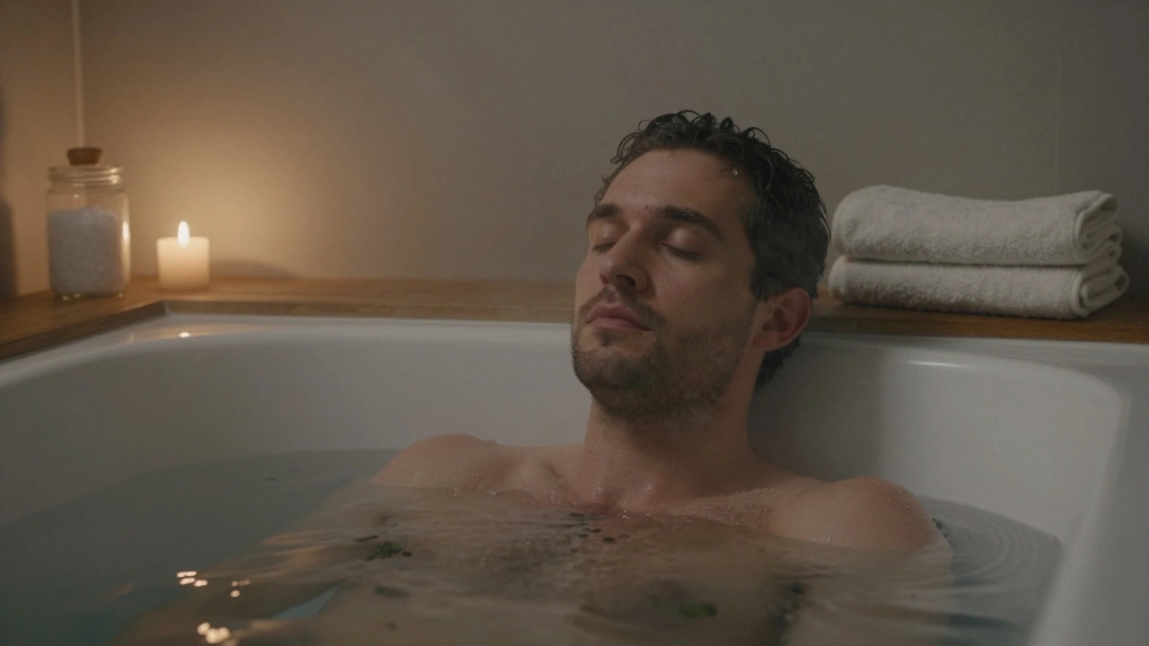 Мужчина принимает тёплую ванну с солью Эпсома, пар поднимается в уютной обстановке.