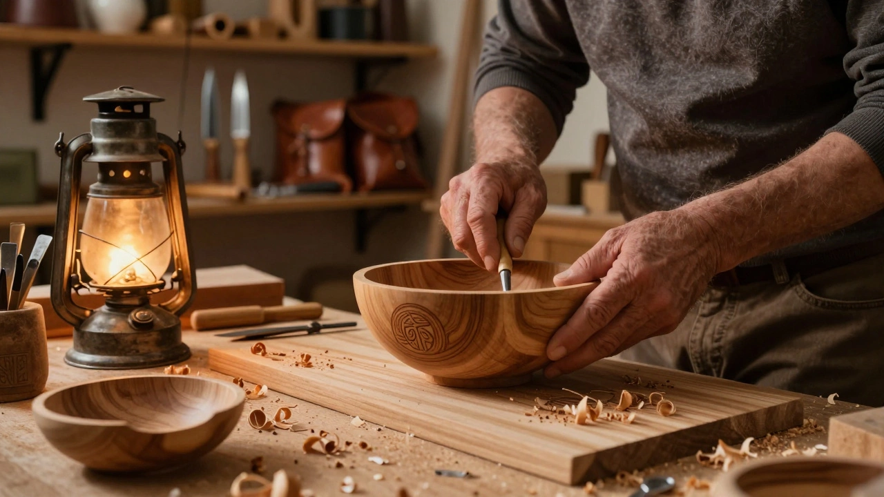 Мужчина резьбой по дереву создает узорчатую деревянную чашу в уютной мастерской.
