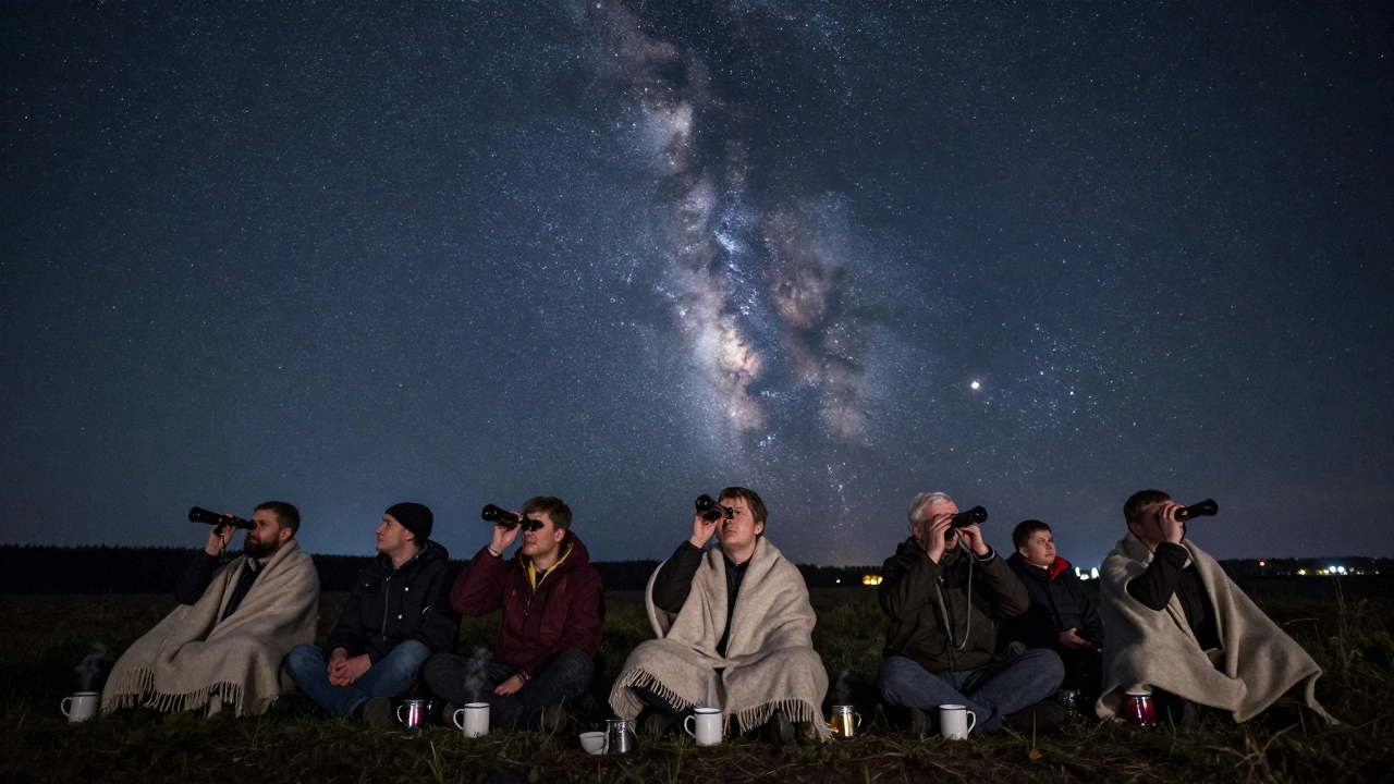 Мужчины наблюдают за звездами ночью на окраине города, с телескопами и чаем.