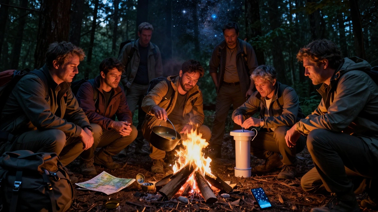 Мужчины у костра в лесу, готовят уху, над головой — Млечный Путь.