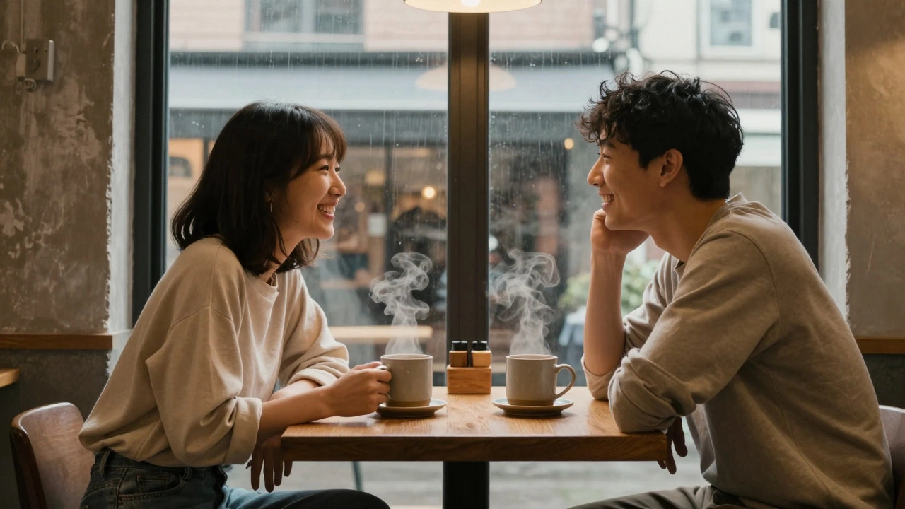 Парень и девушка сидят в кафе, пьют напитки и разговаривают