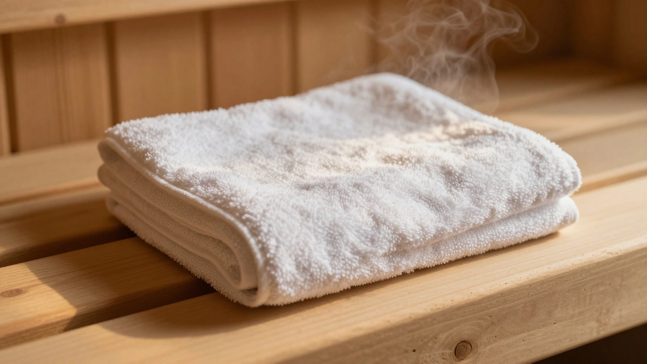 Полотенце на деревянной лавке защищает от жара.