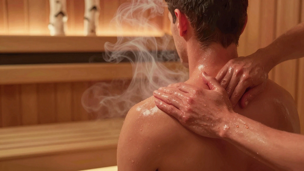 Руки массажиста мягко разминают напряженные мышцы шеи и плеч в парной, тепло искажает воздух, деревянные стены вокруг.