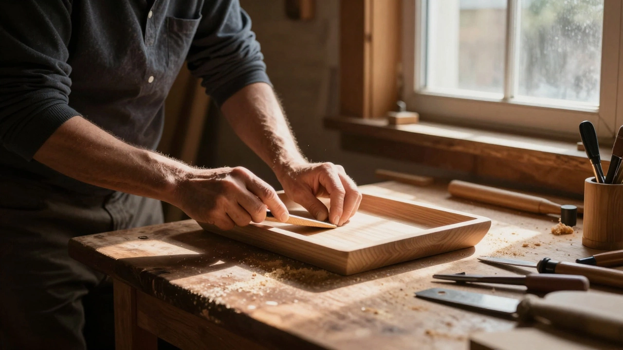 Руки мужчины шлифуют деревянный поднос в мастерской, опилки на столе.