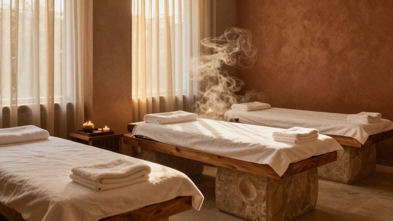 Тёплая атмосфера спа зоны с паром и мягкими полотенцами для отдыха.
