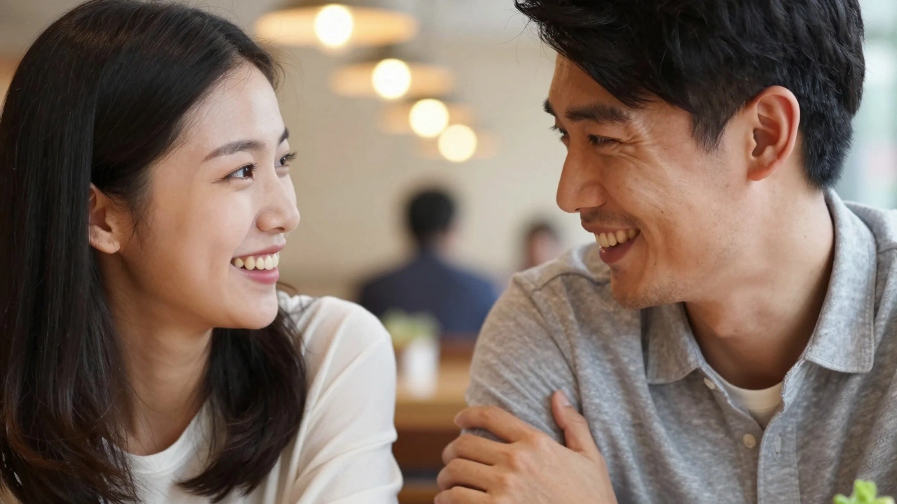 Женщина и мужчина делятся шуткой, легкое прикосновение руки к плечу.