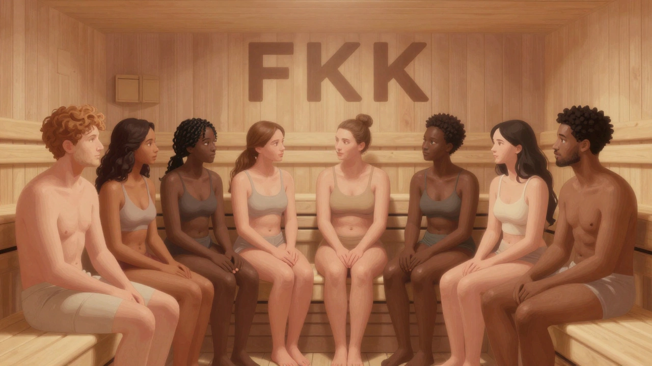 Группа людей разного возраста общается в сауне, символизируя социальное равенство