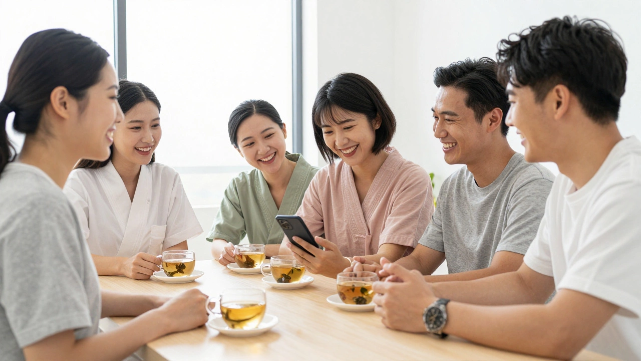 Группа новых знакомых смеется за чаем в современном спа-центре