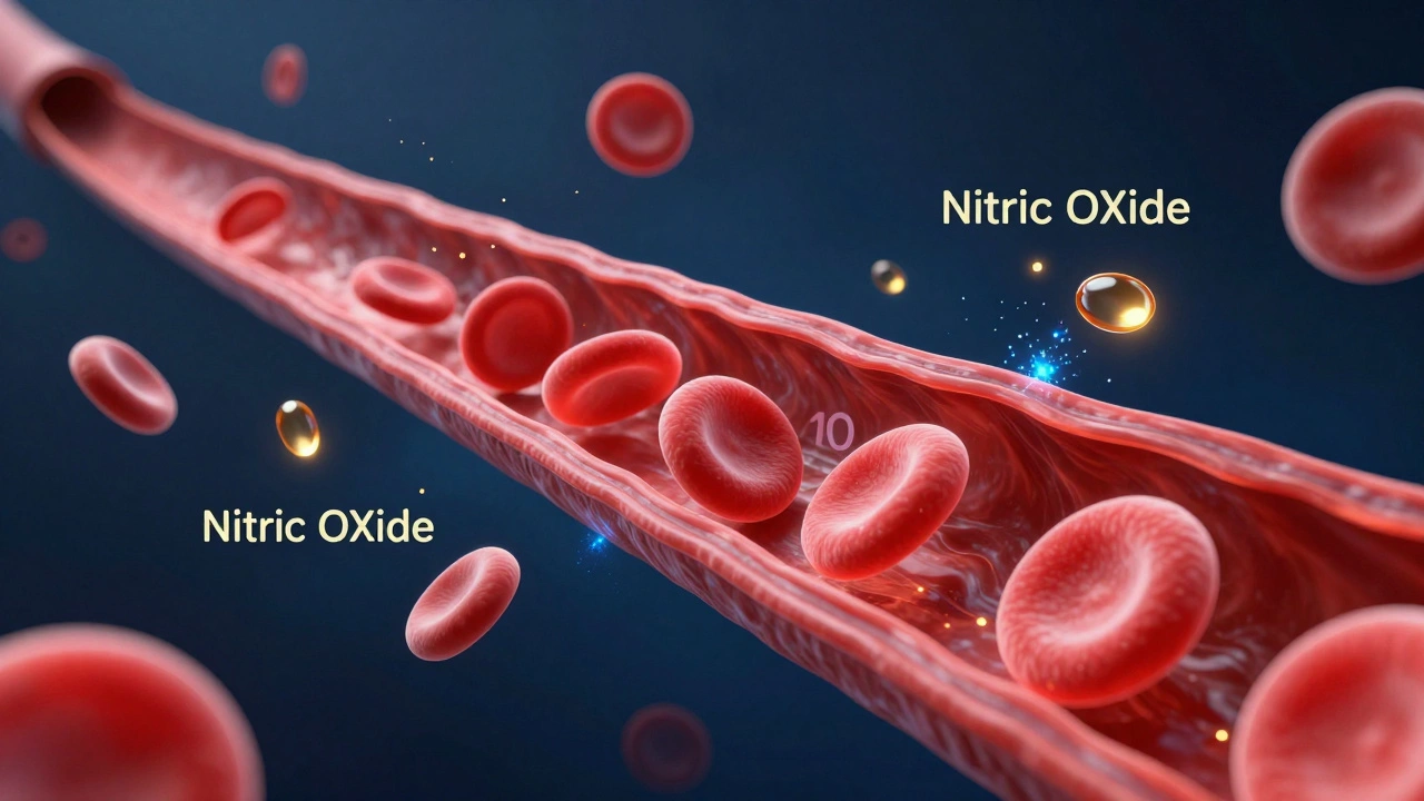Концептуальная иллюстрация здорового кровотока в сосудах и молекул оксида азота
