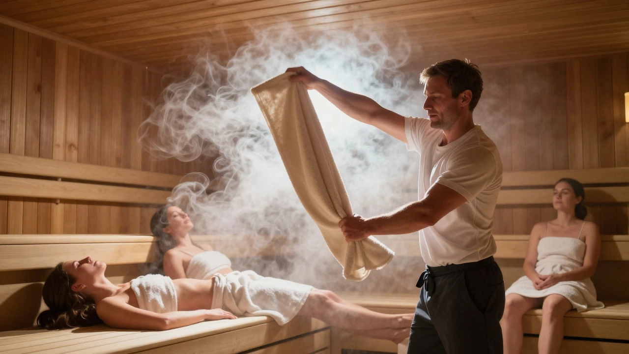 Мастер проводит процедуру Ауфгусс, создавая вихри пара в деревянной сауне