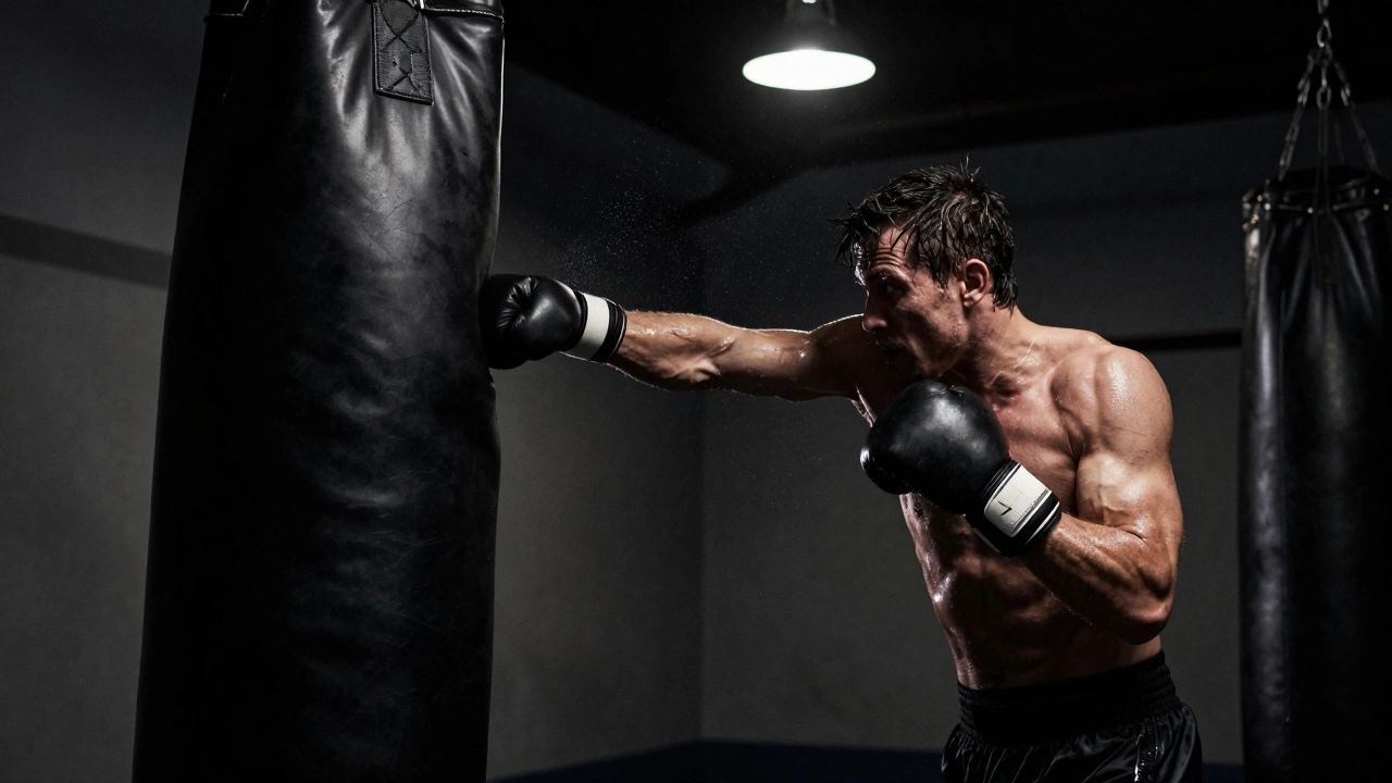 Мужчина наносит удар по боксерской груше в темном зале